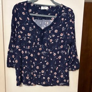 Floral Navy Blouse with Pink Accents